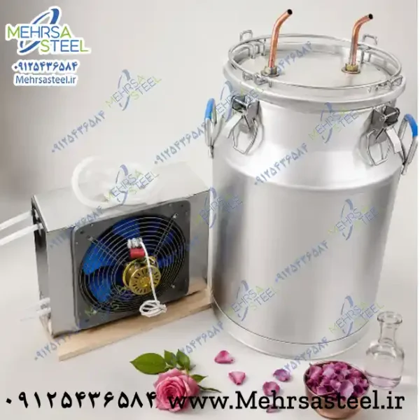 دستگاه گلابگیری و عرق گیری 70 لیتری دو خروجی و کندانسور پیرکس دو لول
